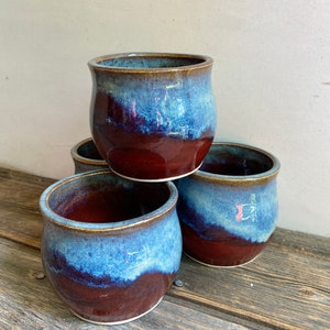 Pottery cup handmade on the wheel red and blue 11oz