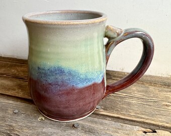 Large Ceramic mug handmade on the wheel glazed in purple, blue, green and beige Holds 20oz