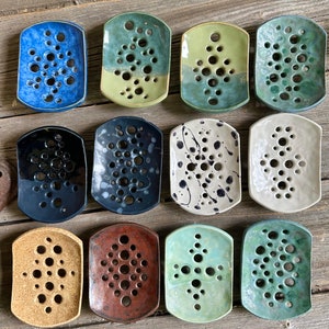Ceramic soap dish sponge holder handmade and hand carved  drip holes