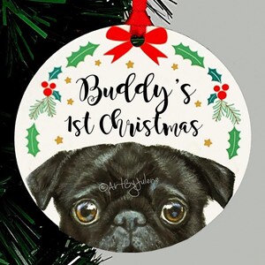 Pug Christmas Ornament, Black or Fawn, Personalized Holiday Keepsake Gift