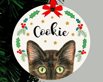 Tortoiseshell Cat Ornament, Personalized Tortie Gift, Holiday Keepsake, Green or Gold Eyes
