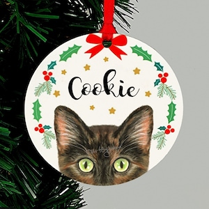 Tortoiseshell Cat Ornament, Personalized Tortie Gift, Holiday Keepsake, Green or Gold Eyes