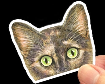 Dilute Tortoise Shell Cat Stickers, Green or Gold Eyes, Tortie Cat Gift