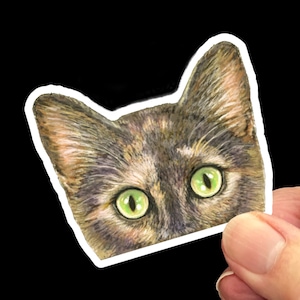 May include: A close-up of a cat's face with green eyes. The cat is looking directly at the viewer with a curious expression. The cat's fur is brown, black, and white.