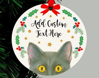 Gray Cat Christmas Ornament, Gold or Green Eyes, Holiday Keepsake Gift