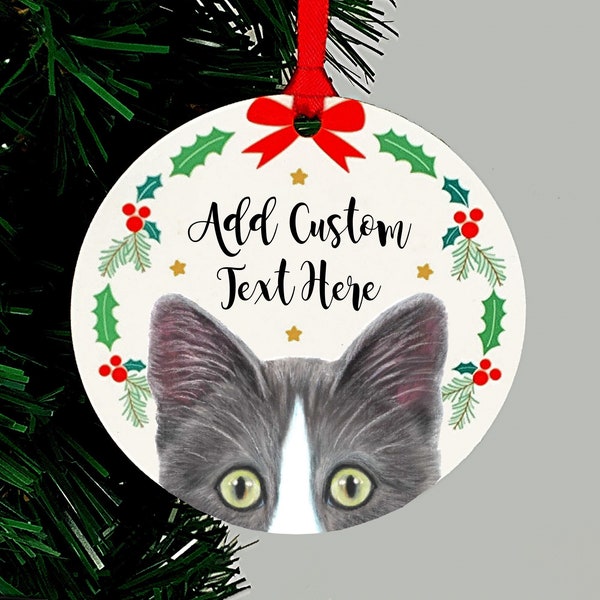 Cat Christmas Ornament, Gray and White Tuxedo, Personalized Holiday Keepsake Gift
