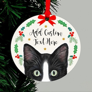 Cat Personalized Christmas Ornament, Tuxedo Cat, Four Cat Colors, Holiday Keepsake Gift