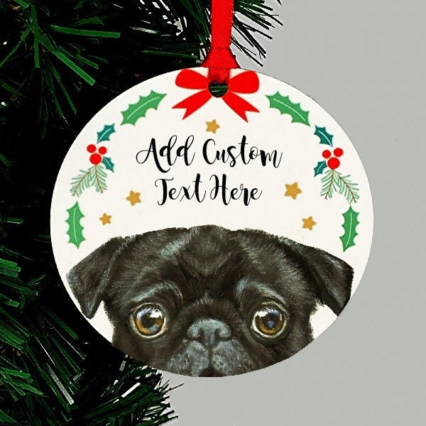 Pug Christmas Ornament, Black, Fawn or Senior, Personalized Holiday Keepsake Gift