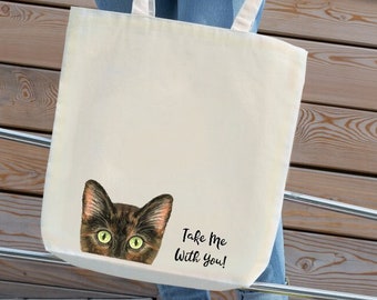 Tortie Cat Tote Bag, Personalized Tortoiseshell Cat Mom Gift