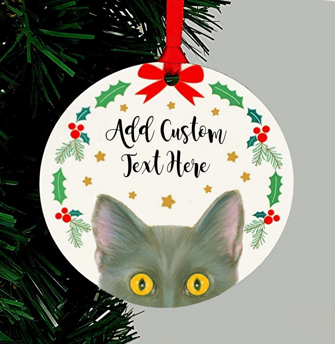 Gray Cat Christmas Ornament, Gold or Green Eyes, Holiday Keepsake Gift