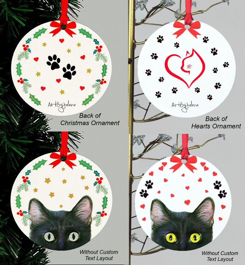May include: Four round Christmas ornaments with a black cat peeking out from behind a wreath of holly and stars. The ornaments are white with red hearts and paw prints. The back of the ornaments show different designs, including a wreath of holly and stars, a heart with a cat inside, and a cat's face.