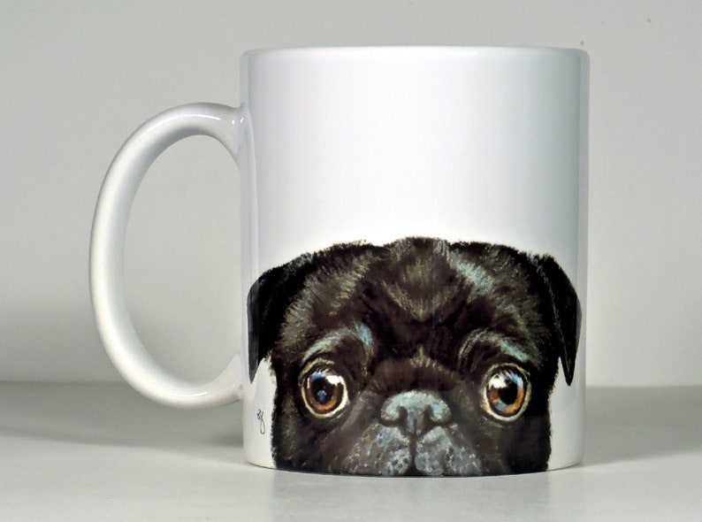 Pug Mug, Black, Fawn, Brindle or Senior Pug Personalized Gift Black Left Hand