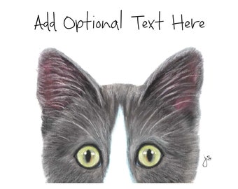 Gray and White Tuxedo Cat Art, Includes Custom Text