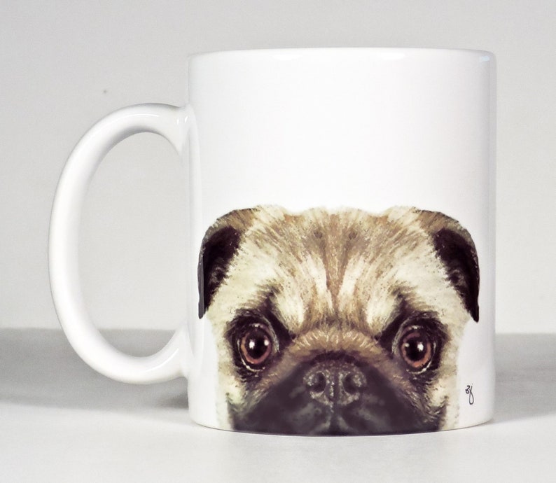 Pug Mug, Black, Fawn, Brindle or Senior Pug Personalized Gift Fawn Left Hand