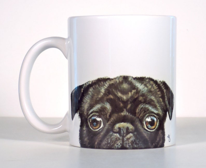 Pug Mug, Black, Fawn, Brindle or Senior Pug Personalized Gift Brindle Left Hand