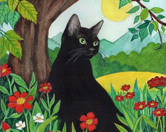 Black Cat Art, Garden Kitty Folk Art Print