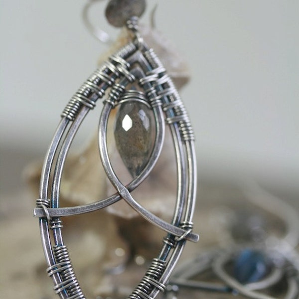 Wire Wrapped Silver Marquis shaped earrings with labradorite.