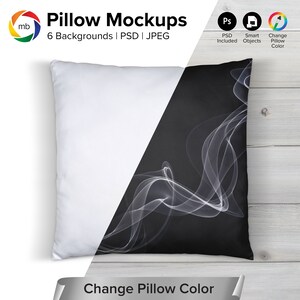 May include: A white pillow mockup with a black background featuring a white smoke design. The pillow is on a white wood surface. The text "Change Pillow Color" is at the bottom of the image.
