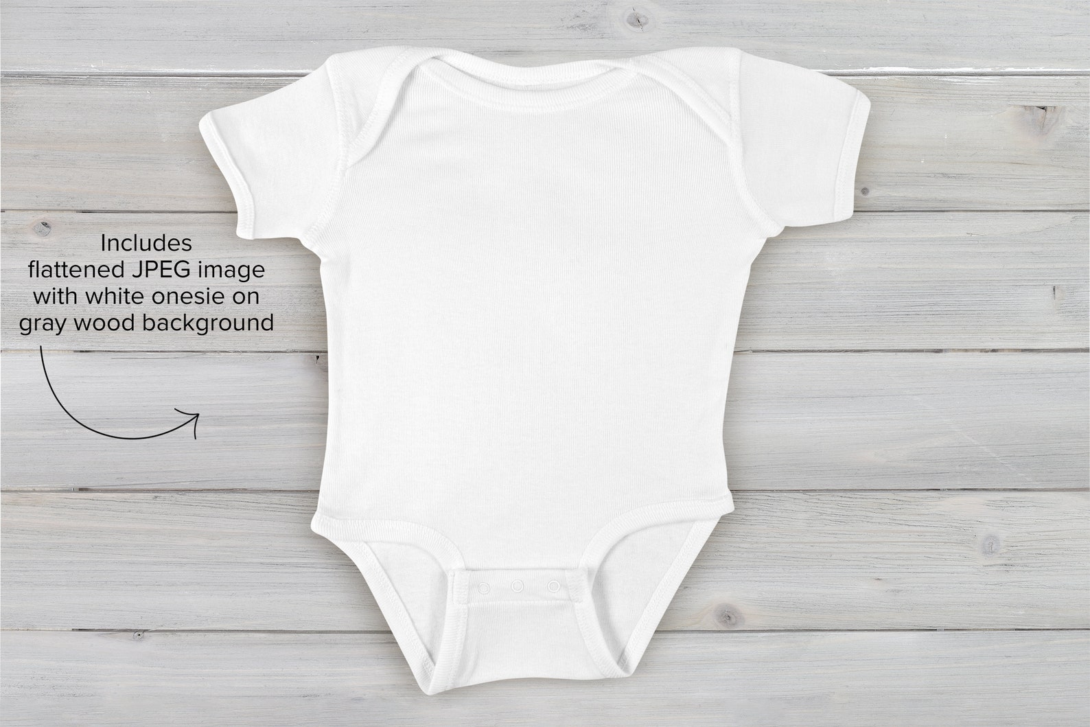 PSD ONESIE MOCKUP White Baby Bodysuit Mockup on Gray Wood