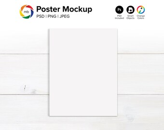 8.5x11 Poster Mockup: Artwork Display on White Wood (PSD, PNG, JPG)