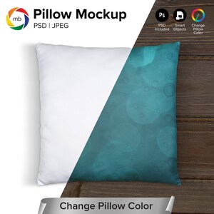 May include: A white pillow mockup with a teal blue background featuring a pattern of overlapping circles. The pillow is on a wooden surface. The text "Change Pillow Color" is at the bottom of the image.
