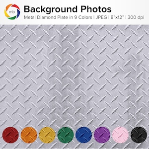 May include: A metal diamond plate background texture in nine different colors: red, orange, yellow, green, blue, purple, pink, and black. The plate is 8 inches by 12 inches and 300 dpi.