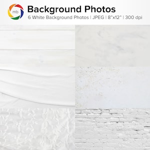 Op de afbeelding: Set van zes witte achtergrondfoto's voor productfotografie. De foto's tonen verschillende texturen, waaronder hout, marmer, stof en baksteen.