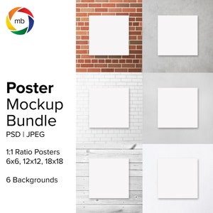 May include: A mockup bundle of six poster frames in various sizes, including 6x6, 12x12, and 18x18 inches. The frames are displayed against six different backgrounds, including brick, wood, and concrete.