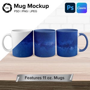 May include: Three 11 ounce mugs with a blue galaxy design. The mugs are on a wooden table. Features 11 oz. Mugs.