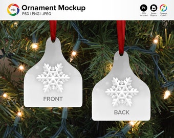 Double Sided ORNAMENT MOCKUP -  Cow Tag Ornament Mock Up on Tree, 2 Sided, Christmas Mockup, Blank Ornament Mockup - Psd, Png & Jpg