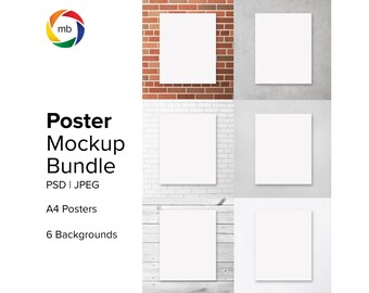 May include: A mockup bundle of six poster frames in different settings. The frames are all white and are in various sizes. The backgrounds include brick, white brick, and wood.