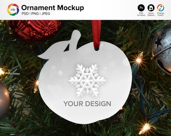 PSD ORNAMENT MOCKUP - Apple Ornament Mock Up on Tree, Christmas Mockup, Blank Ornament Mockup, Holiday Mockup, Mock Up - Psd, Png & Jpg