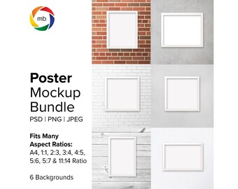 May include: A mockup bundle of six different poster frames, each with a white background and a white frame. The frames are arranged in a grid pattern on a variety of backgrounds, including brick, wood, and concrete.