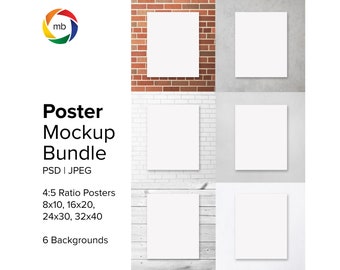 May include: A mockup bundle of six poster frames in various sizes, including 8x10, 16x20, 24x30, and 32x40 inches. The frames are displayed against six different backgrounds, including brick, concrete, and wood.