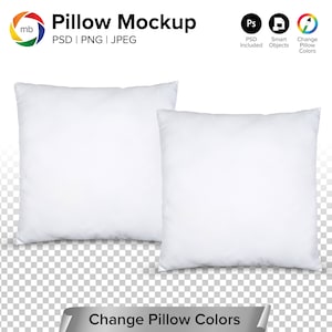 Könnte beinhalten: Zwei weiße quadratische Kissen auf transparentem Hintergrund. Der Text "Change Pillow Colors" befindet sich am unteren Rand des Bildes.