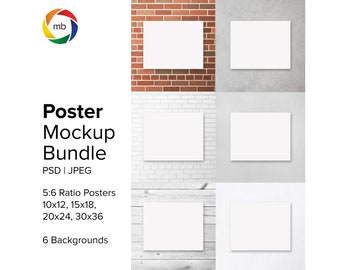 May include: A mockup bundle of six poster frames in various sizes, including 10x12, 15x18, 20x24, and 30x36 inches. The frames are displayed against six different backgrounds, including brick, concrete, and wood.