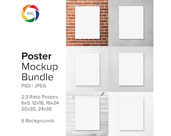 May include: A mockup bundle of six poster frames in various sizes, including 6x9, 12x18, 16x24, 20x30, and 24x36 inches. The frames are displayed against six different backgrounds, including brick, concrete, and wood.