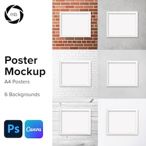 A4 Poster Mockup Bundle: Horizontal Frame, 6 Backgrounds (PSD, PNG, JPG)