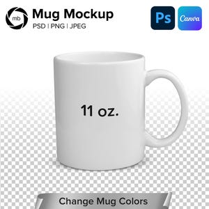 May include: White ceramic mug with a handle, featuring the text "11 oz." printed on the front. The mug is isolated on a transparent background.