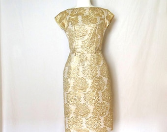 Vintage 1950's/ 60's Gold Rose Embossed Short Sleeve Wiggle Dress Size Small