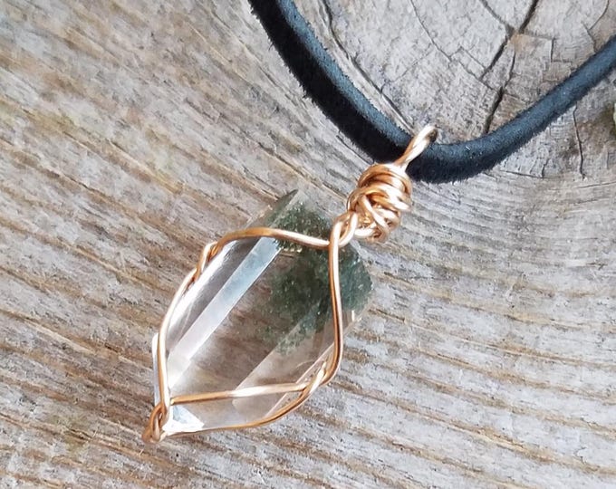 Chlorite quartz crystal perfection. natural chlorite quartz pendant, chlorite quartz necklace, garden quartz, crystal clear quartz necklace,