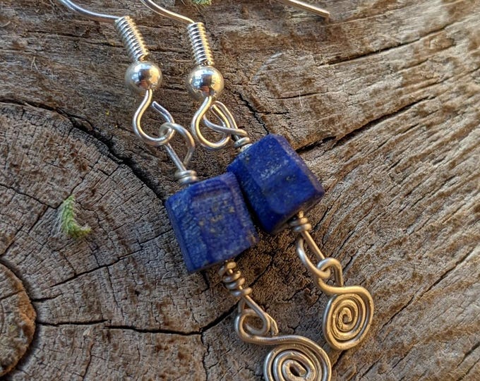 Lapis Lauzli and swirl crystal earrings, natural lapis lazuli earrings, sterling silver lapis earrings, lapis crystal earrings, silver swirl