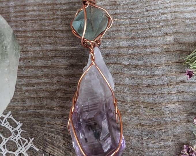 Raw Fluorite octahedron and amethyst crystal pendant, amethyst pendant, amethyst necklace, raw amethyst, brazilian amethyst, high quality
