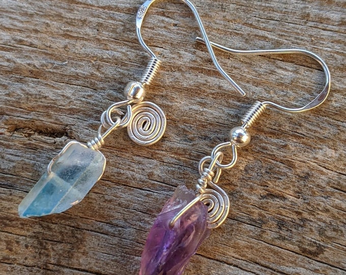 Mismatched Amethyst and Aqua Aura Quartz Earrings, aqua aura quartz crystal earrings, amethyst earrings, raw crystal earrings, natural ameth