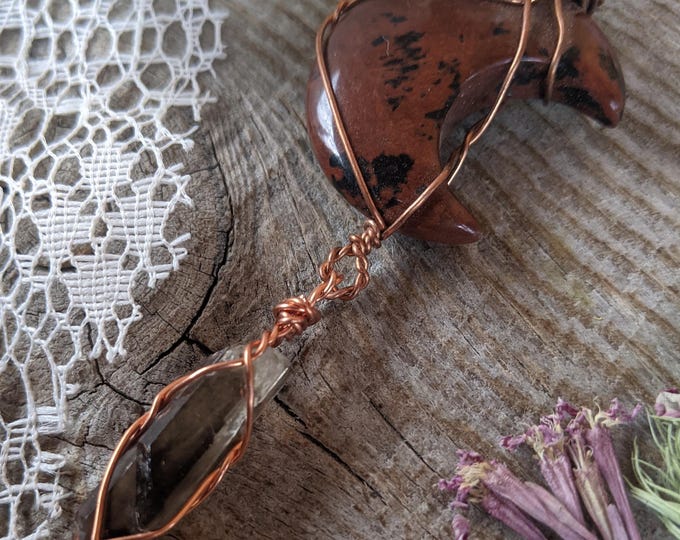 Mahogany obsidian moon crystal pendant with twin smoky quartz (gorgeous rainbow !), natural smoky  citrine crystal pendant, smoky quartz