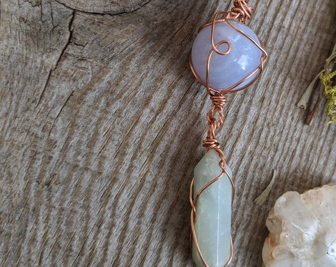 blue lace agate crystal sphere pendant with blue opal polished double terminated point, chalcedony sphere, blue lace agate sphere necklace,