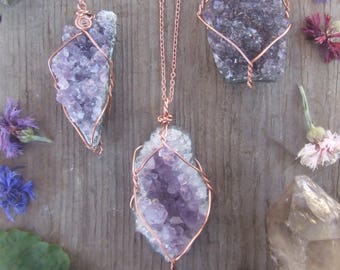 Amethyst geode cluster crystal necklace wire wrapped in pure copper with a real leather chord or copper chain raw natural rough druzy brazil