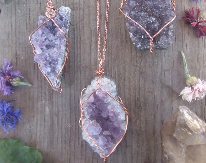 Amethyst geode cluster crystal necklace wire wrapped in pure copper with a real leather chord or copper chain raw natural rough druzy brazil