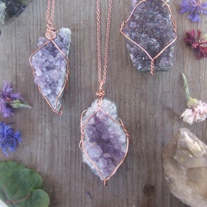 Amethyst geode cluster crystal necklace wire wrapped in pure copper with a real leather chord or copper chain raw natural rough druzy brazil