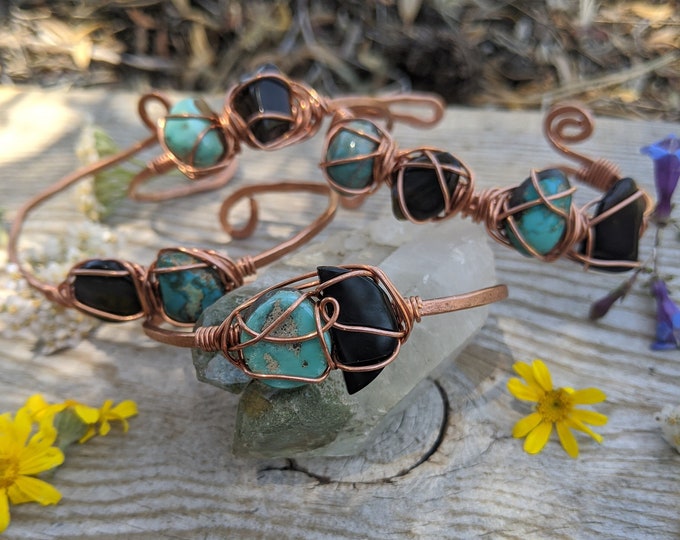 Onyx and turquoise bracelet, obsidian and turquoise bracelet, onyx bracelet, turquoise bracelet, copper cuff bracelet, turquoise cuff bracel